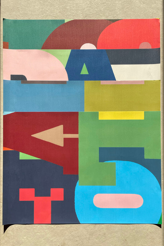 Colorful geometric shapes on a textured beige background