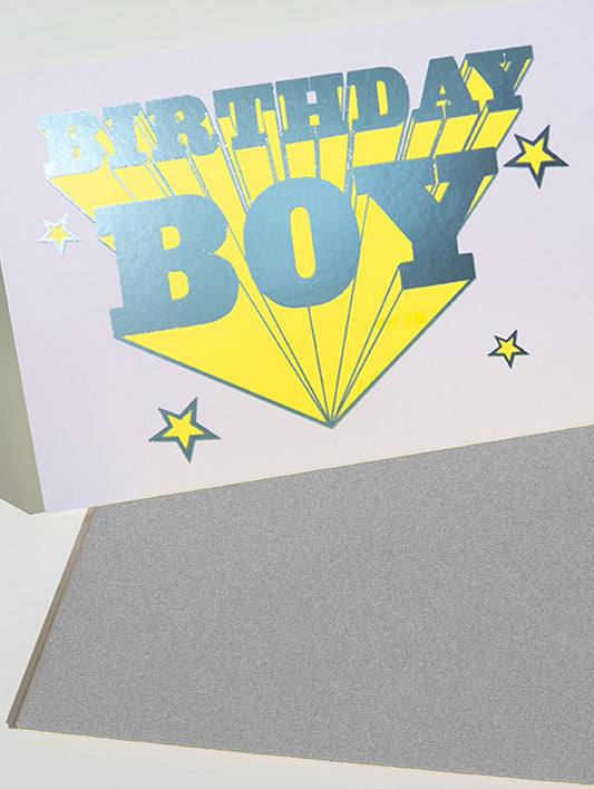 Birthday card with 'Birthday Boy' text on a white background