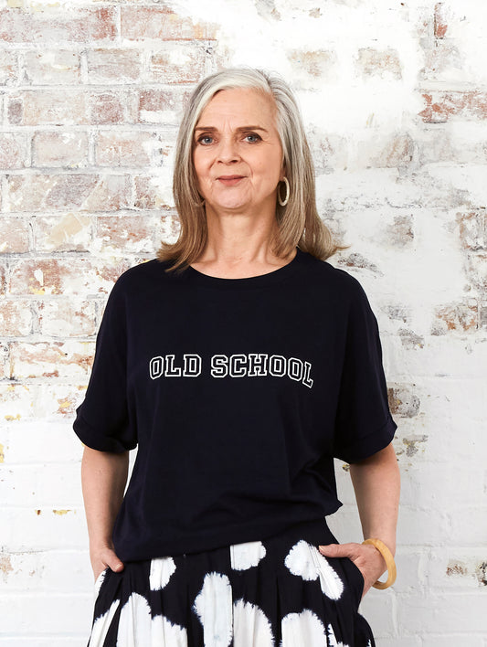 Old School lettering on navy organic cotton t-shirt relaxed fit