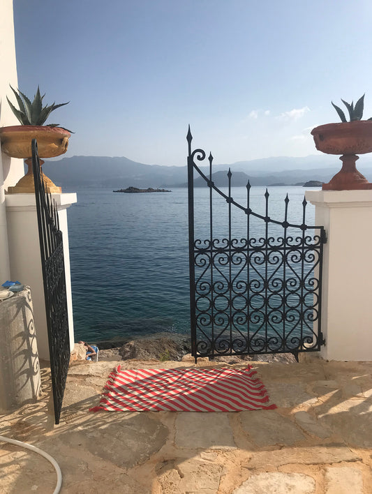 RED DIAGONAL STRIPE COTTON BATH MAT / RUG