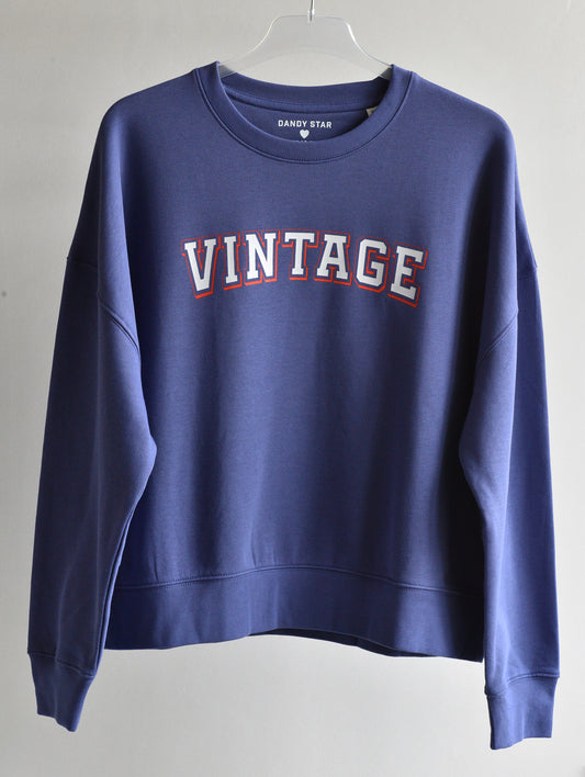 Blue sweatshirt with 'VINTAGE' text on a gray background