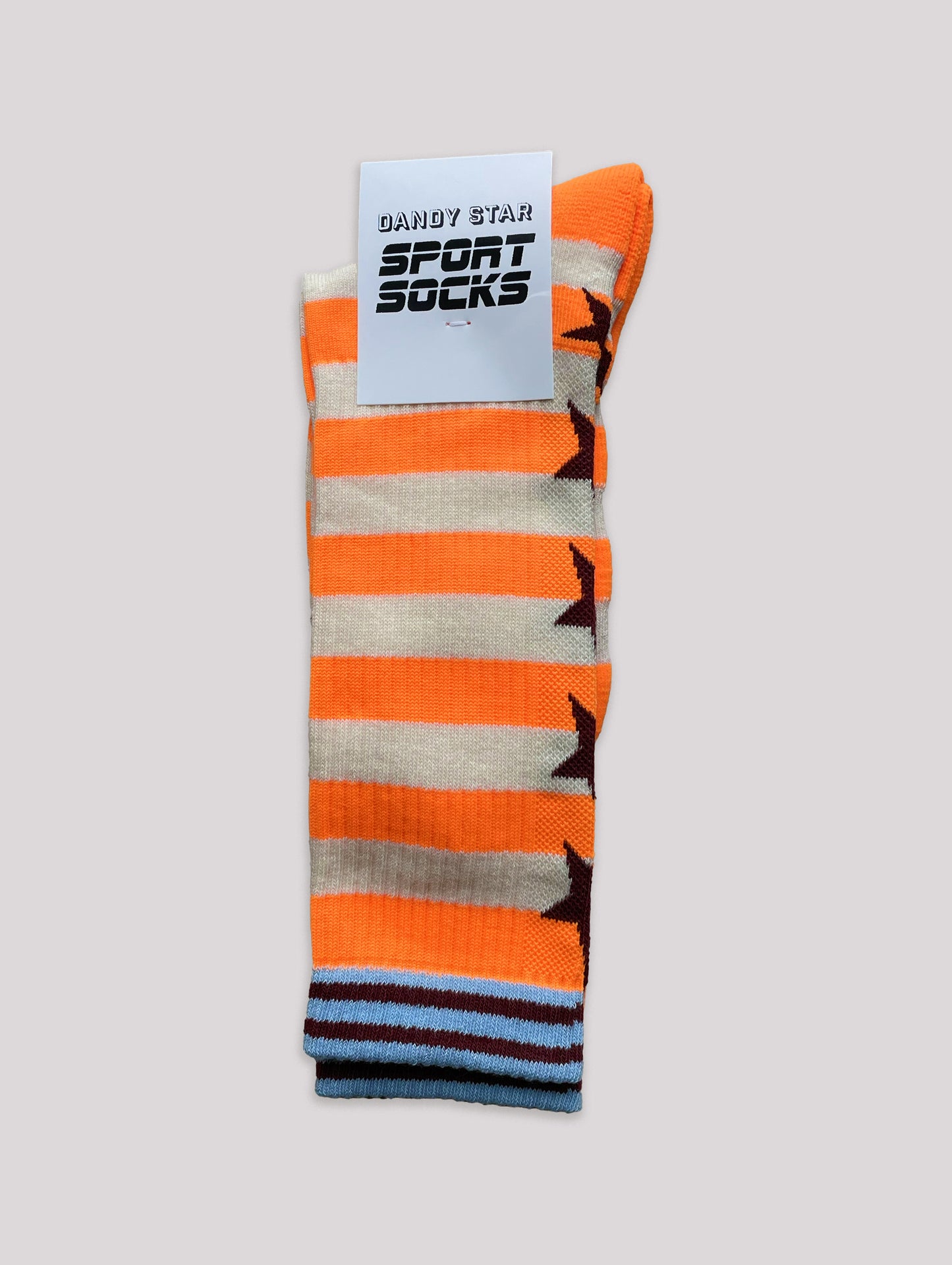 Striped sock with orange, gray, and blue pattern on a white background