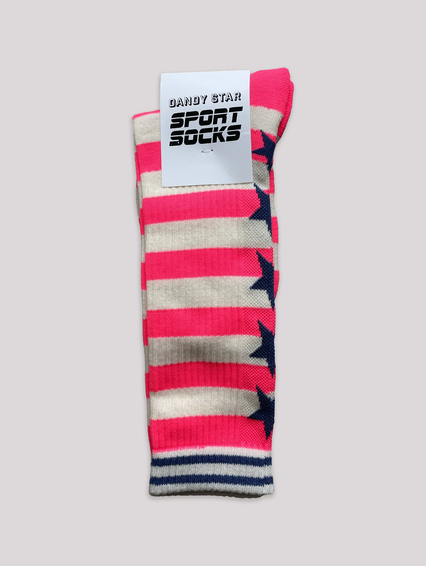 Colorful striped sock with a brand label on a light gray background