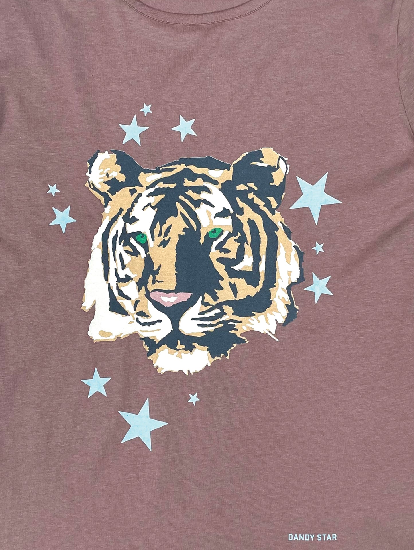 Ladies Tiger t-shirt on dusty mauve organic cotton close up of tiger print