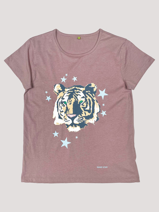 Ladies Tiger t-shirt on dusty mauve organic cotton