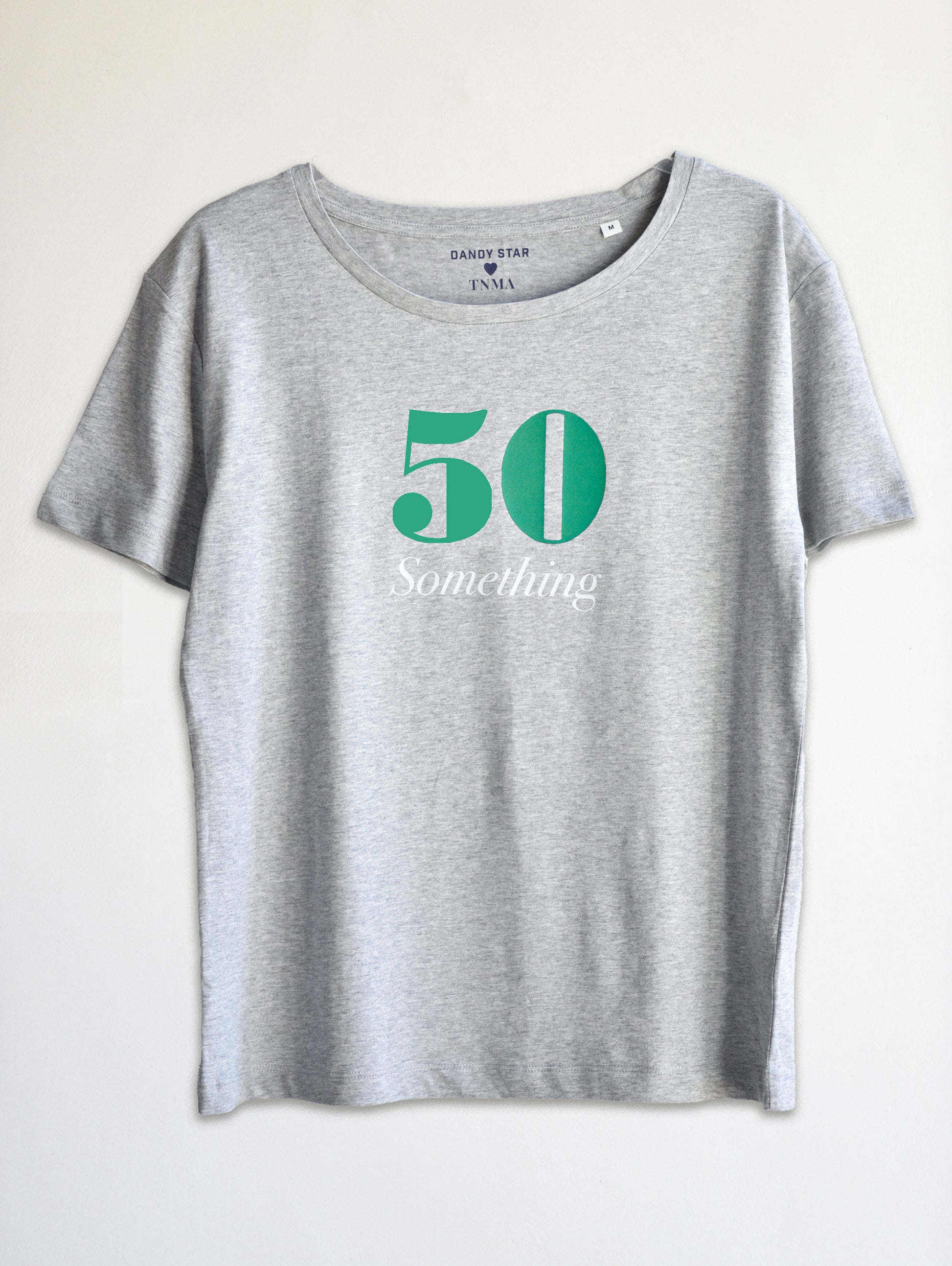 Gray t-shirt with '50 something' design on a white background