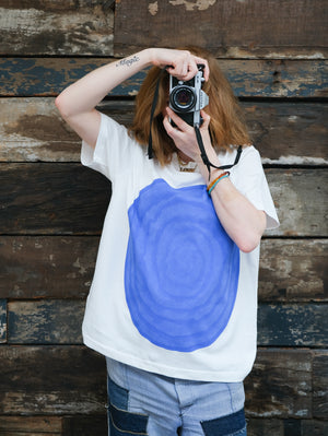 Hand painted blue moon t-shirt on off white organic cotton