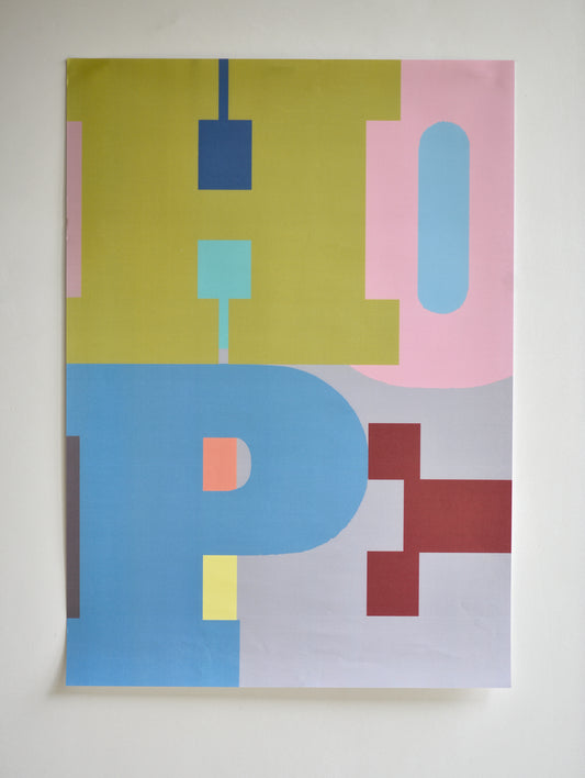 Colorful abstract poster with geometric shapes on a white background