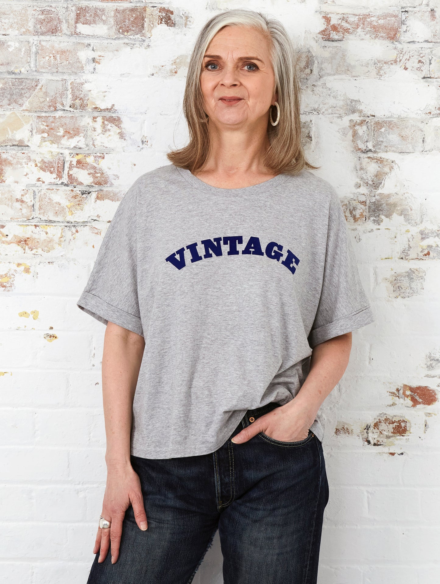 Vintage in navy flock on grey marl relaxed fit organic cotton t-shirt
