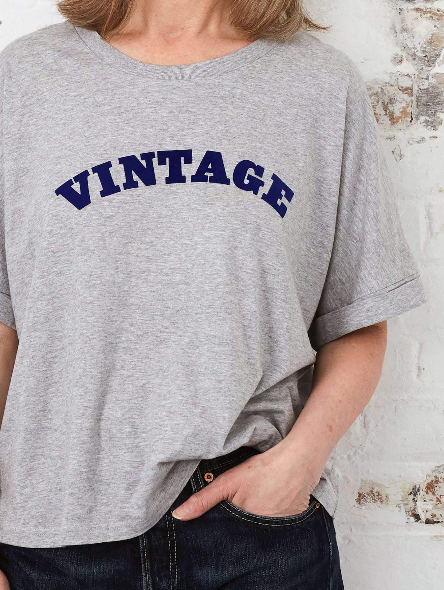 Vintage in navy flock on grey marl relaxed fit organic cotton t-shirt
