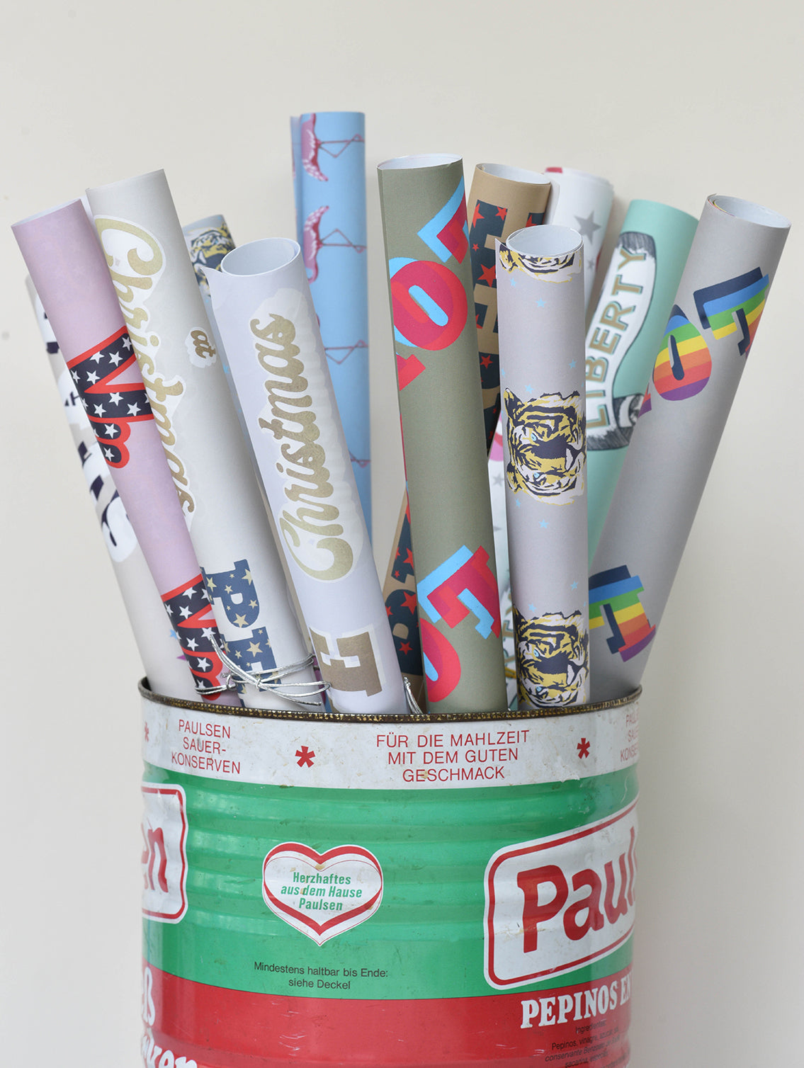 bucket of wrapping paper
