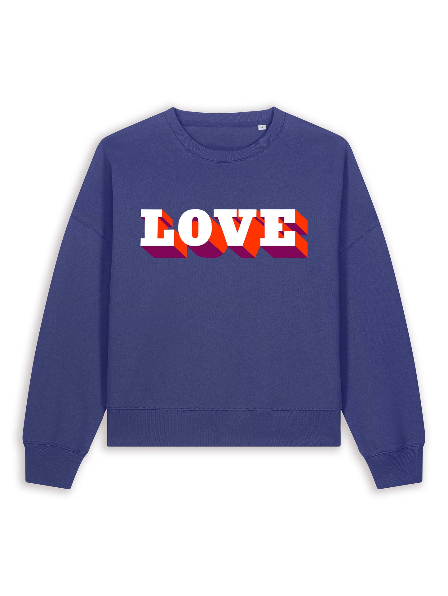 Blue sweatshirt with 'LOVE' printed on it against a white background