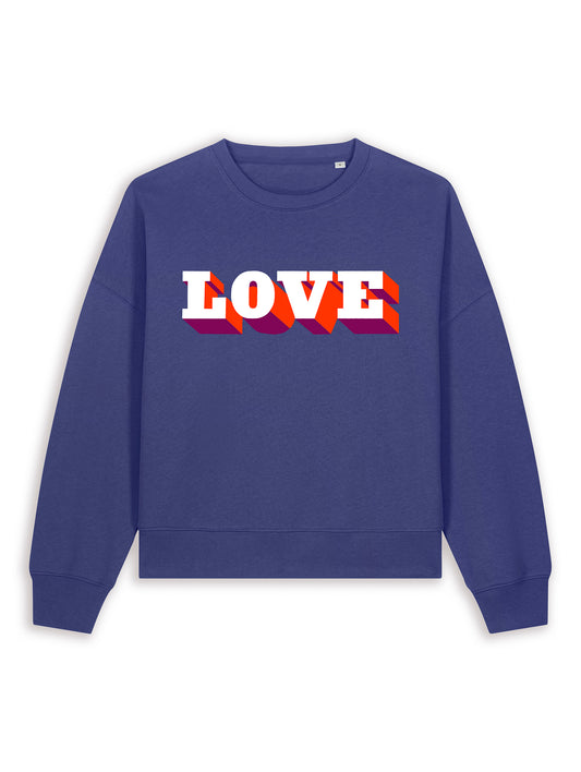 Blue sweatshirt with 'LOVE' printed on it against a white background