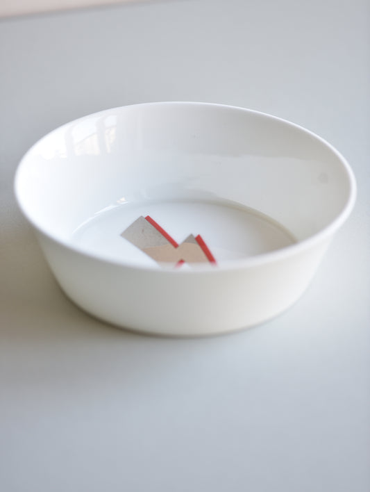 White bowl with a red and gray object inside on a light gray background