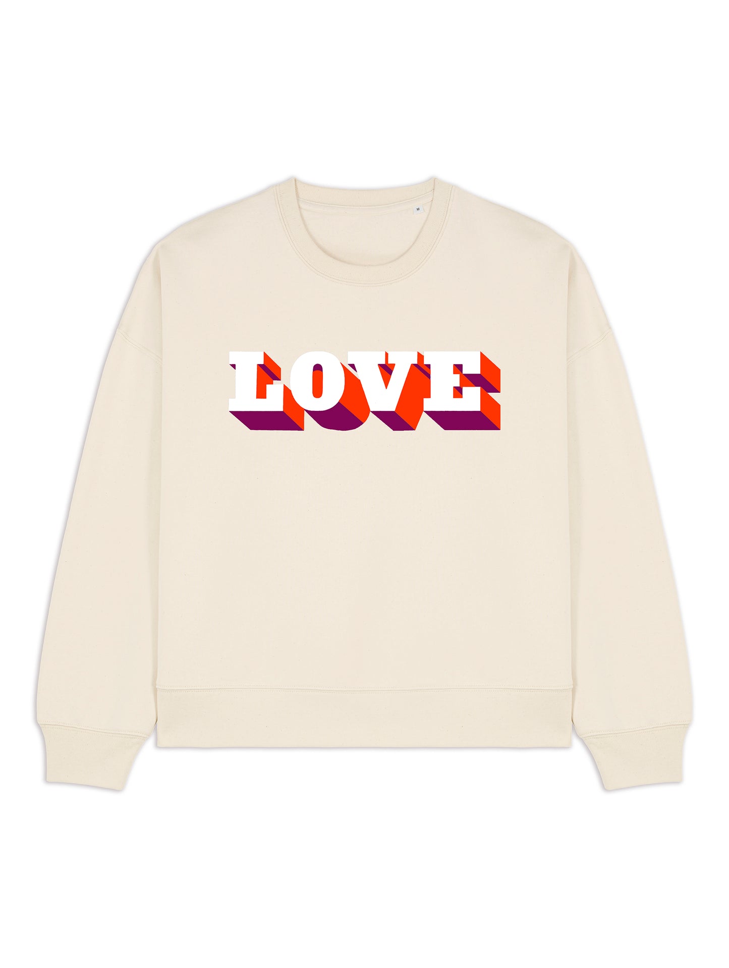 Beige sweatshirt with 'LOVE' printed in colorful letters on a white background