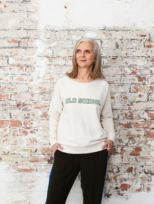 Old School sweatshirt in vintage white organic cotton part of our collaboration with That's Not My Age