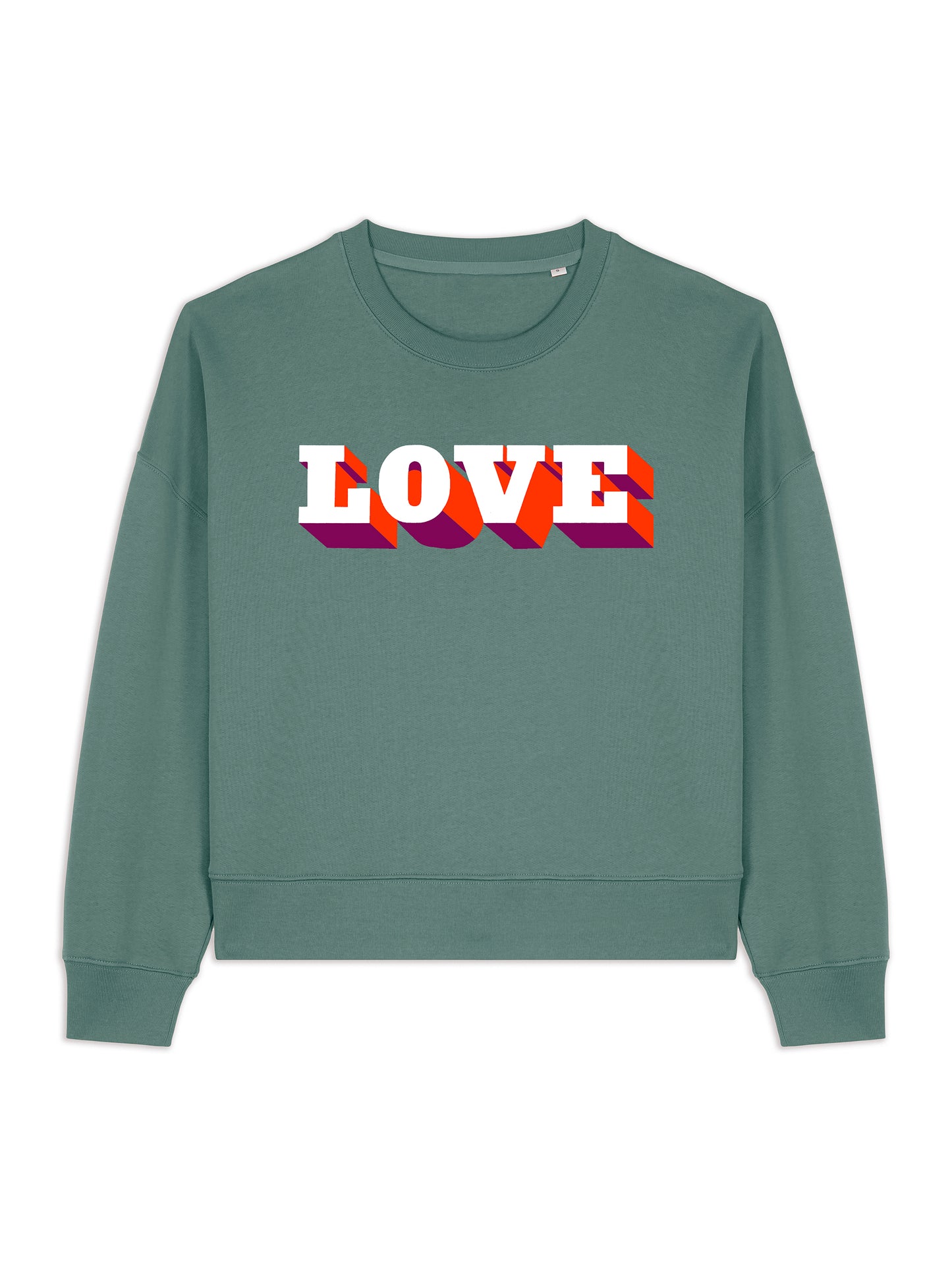 Green sweatshirt with 'LOVE' printed on it against a white background