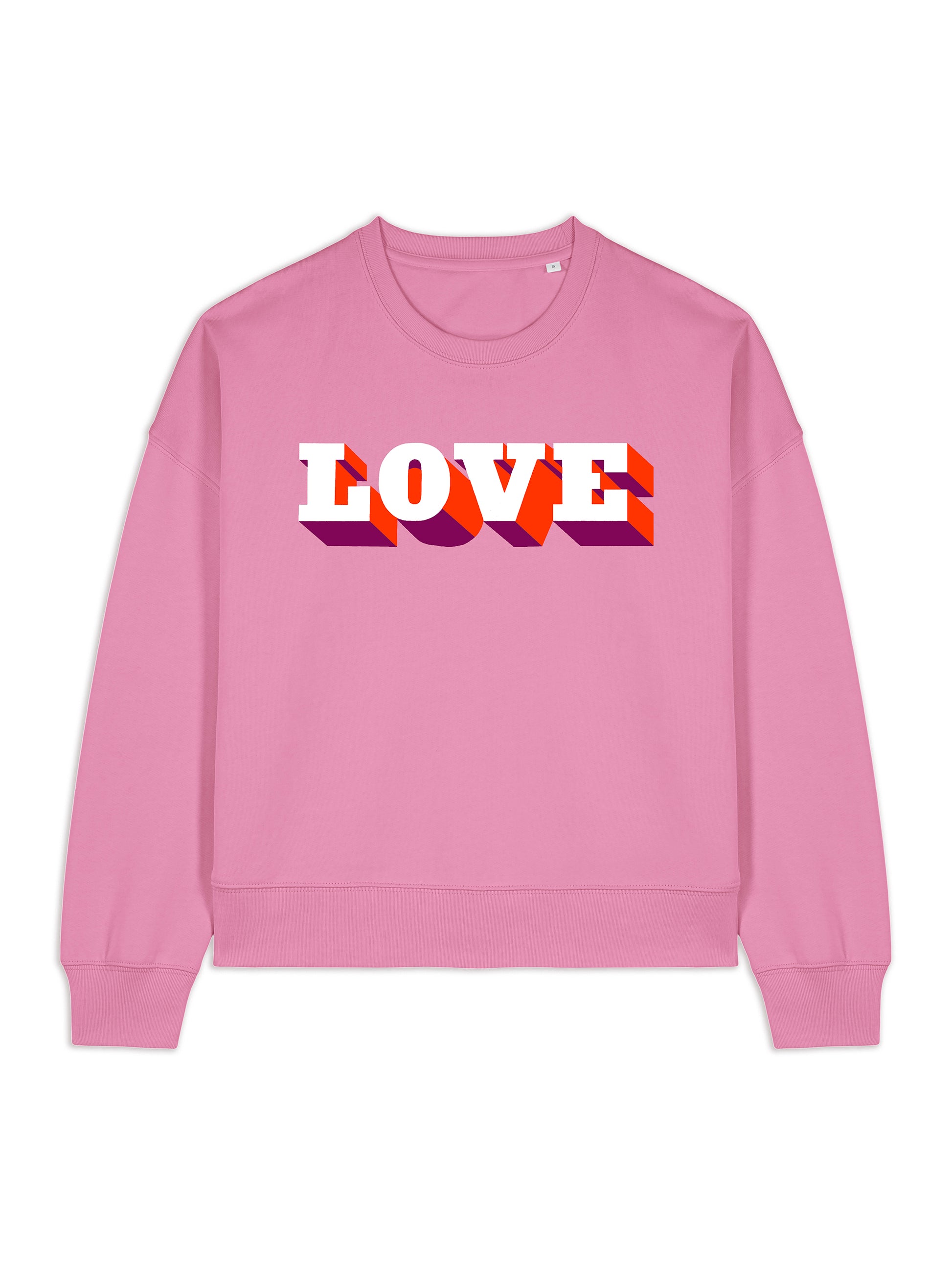 Pink sweatshirt with 'LOVE' printed on it against a white background