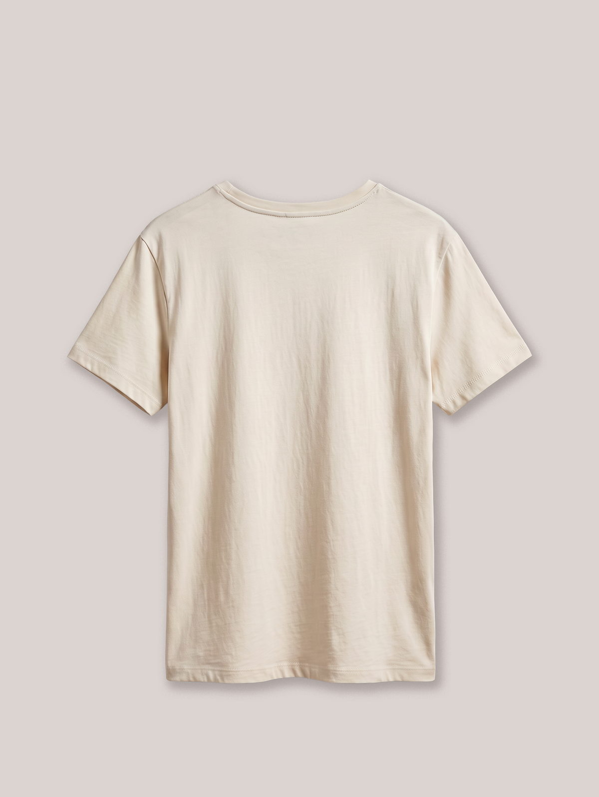 A plain short-sleeve crewneck t-shirt in a light cream or off-white color, shown from the back against a solid light gray background.