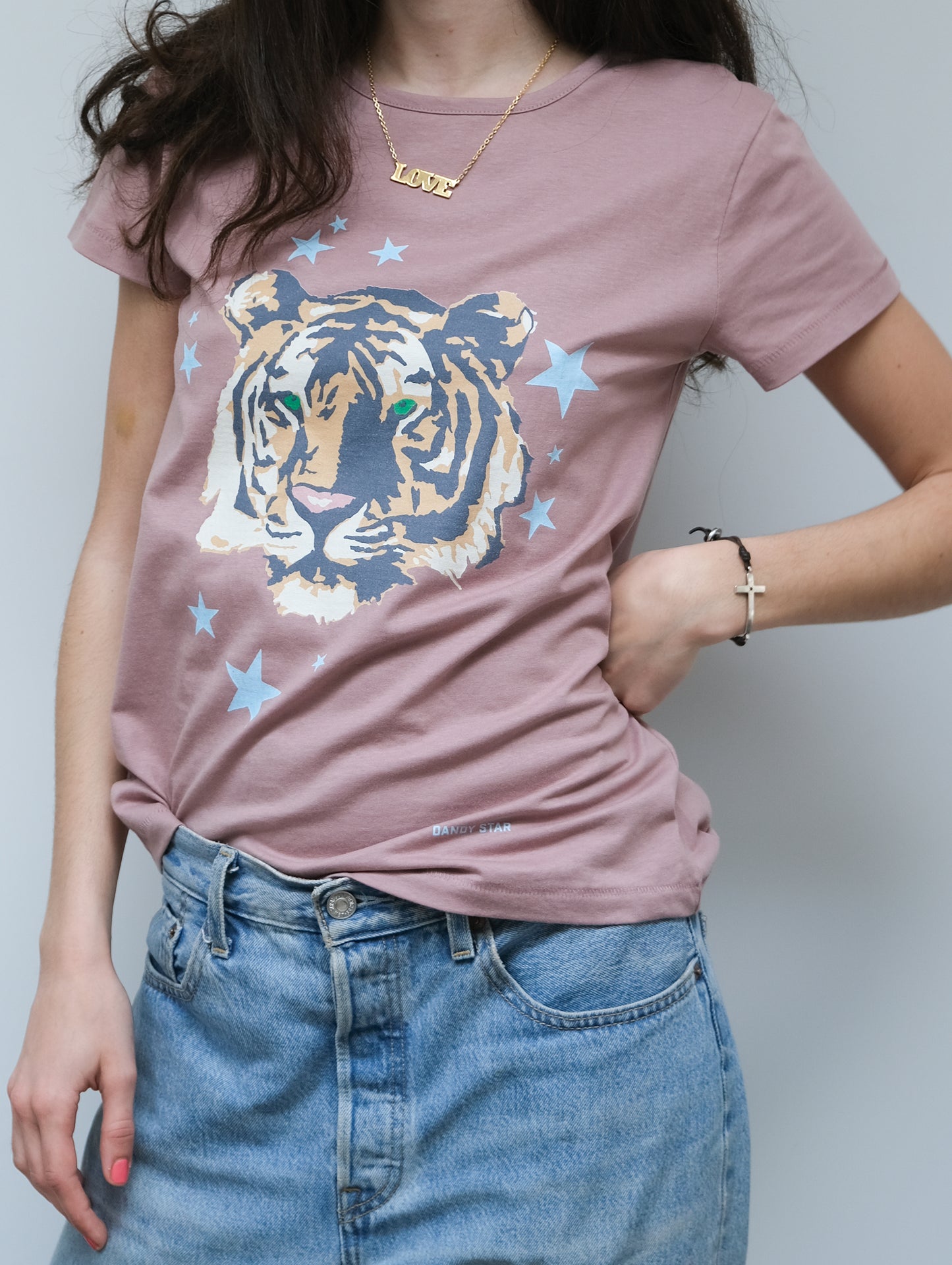 Ladies Tiger t-shirt in dusty mauve on organic cotton