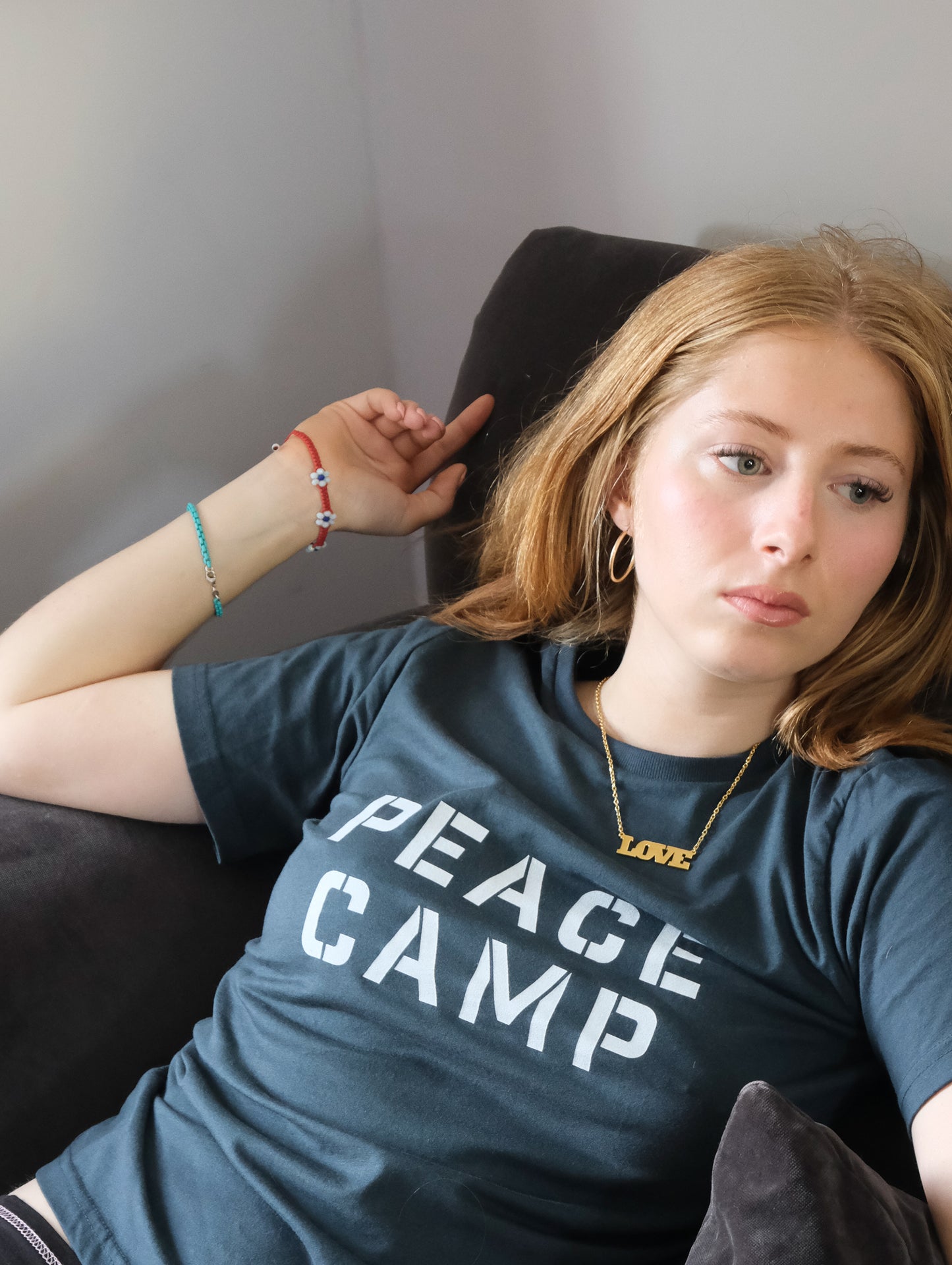 Peace camp printed t-shirt on black organic cotton