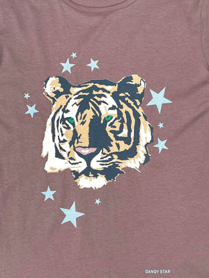 Ladies Tiger t-shirt on dusty mauve organic cotton close up of tiger print