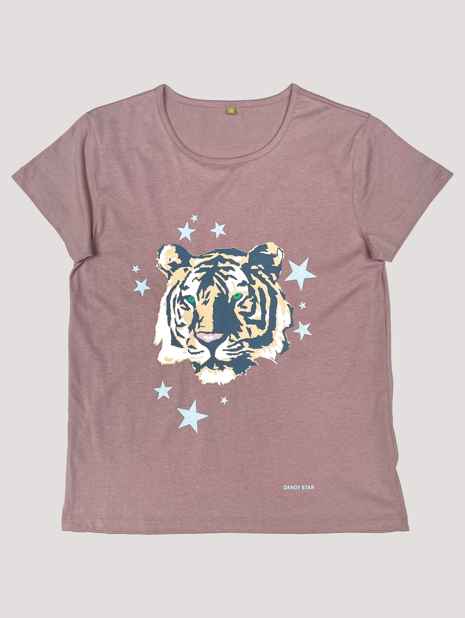Ladies Tiger t-shirt on dusty mauve organic cotton