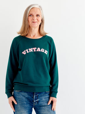 Vintage green sweatshirt part of our collaboration with Alyson Walsh founder of That's  Not My Age
