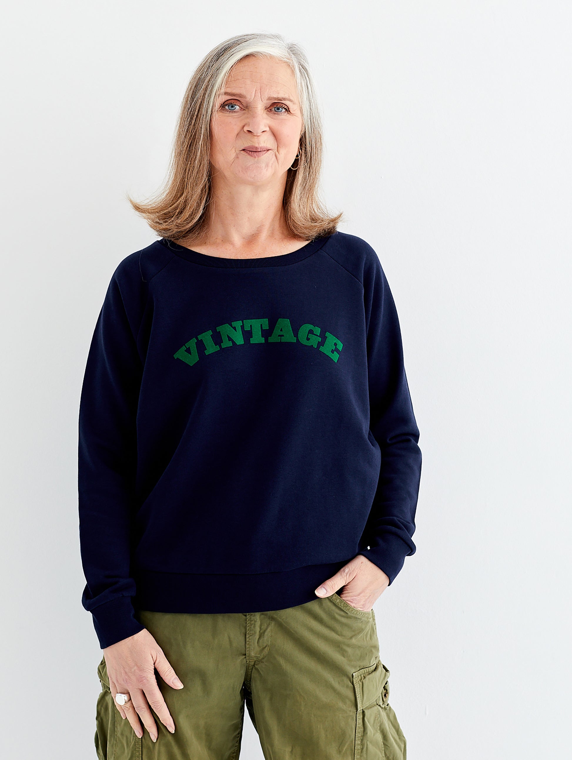 Thats not my Age Alyson Walsh wearing our collaboration Vintage navy sweatshirt