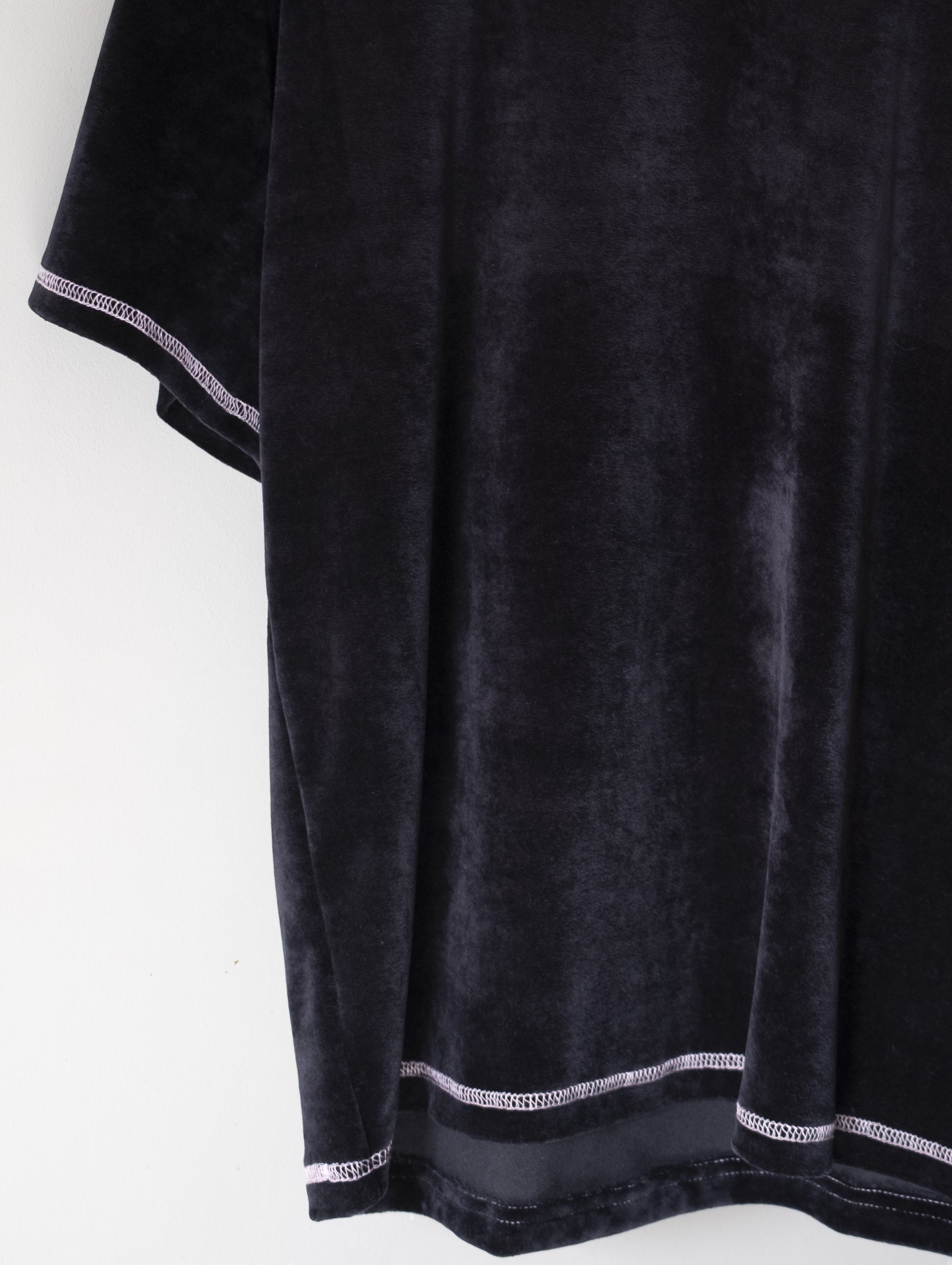 black velour t-shirt with pale pink contrast overstitch detail