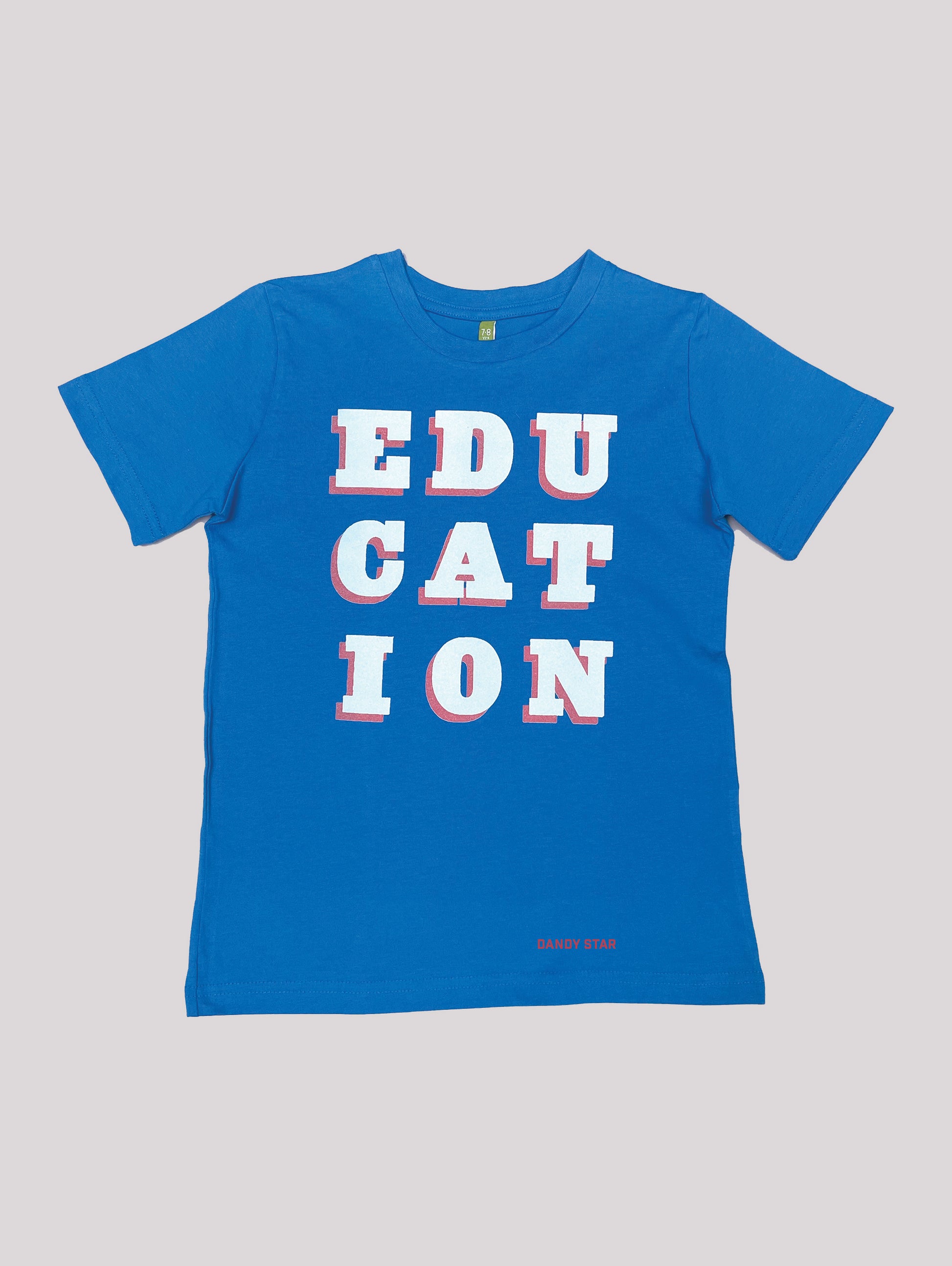 Education t-shirt on bold blue kids