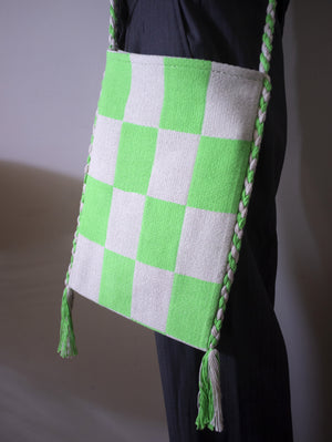 Hand woven cotton holiday bag in green and beige chequer pattern