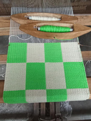 Hand woven cotton holiday bag in green and beige chequer pattern