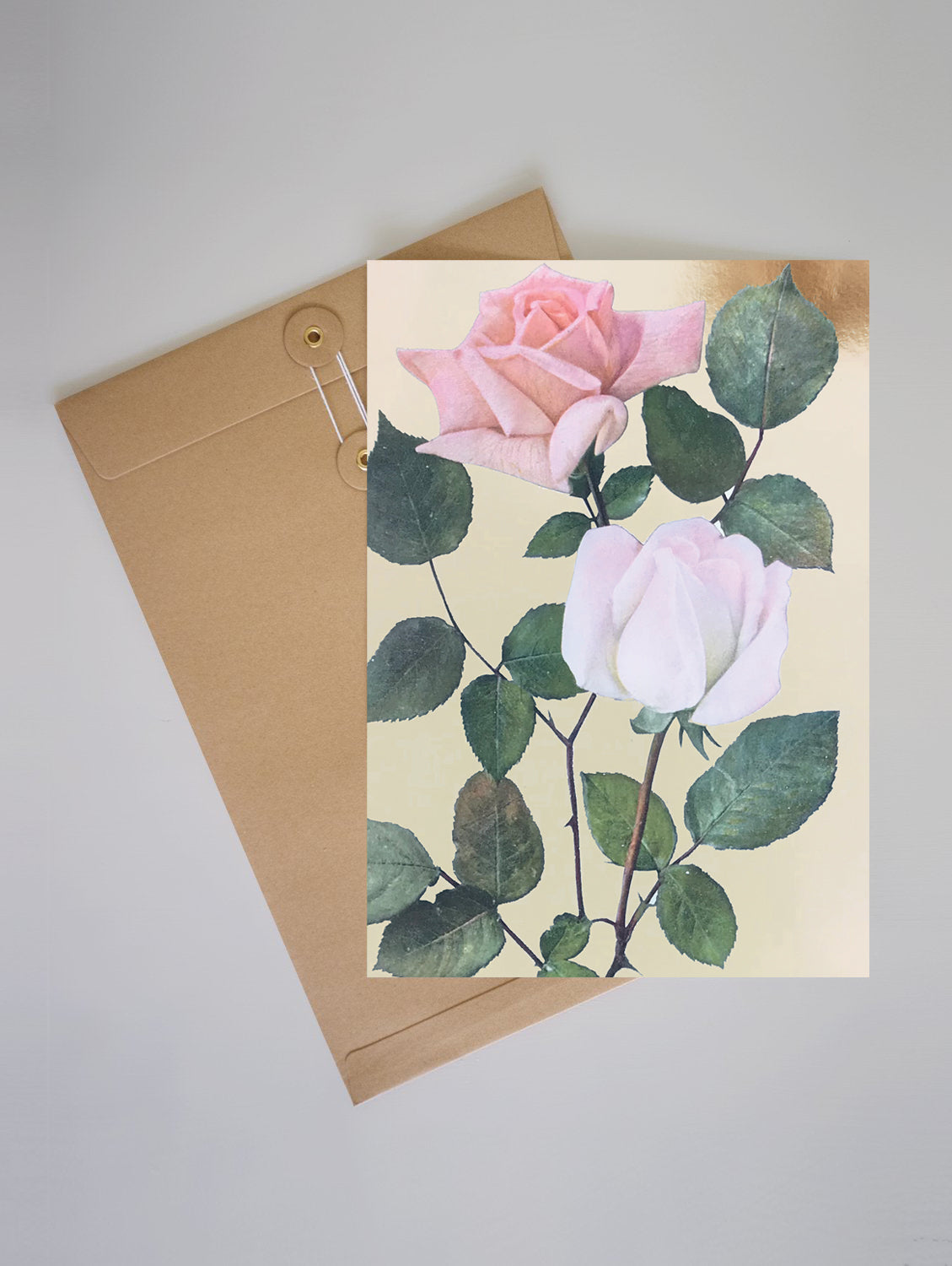 Vintage rose print with gold foil and envelope