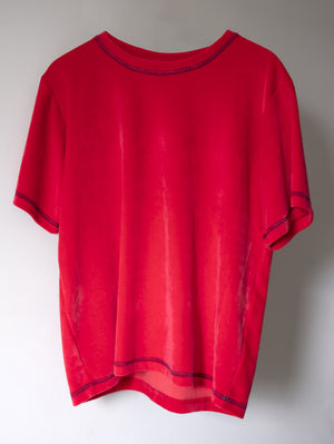 RED VELOUR T-SHIRT with navy contrast overstitch detail